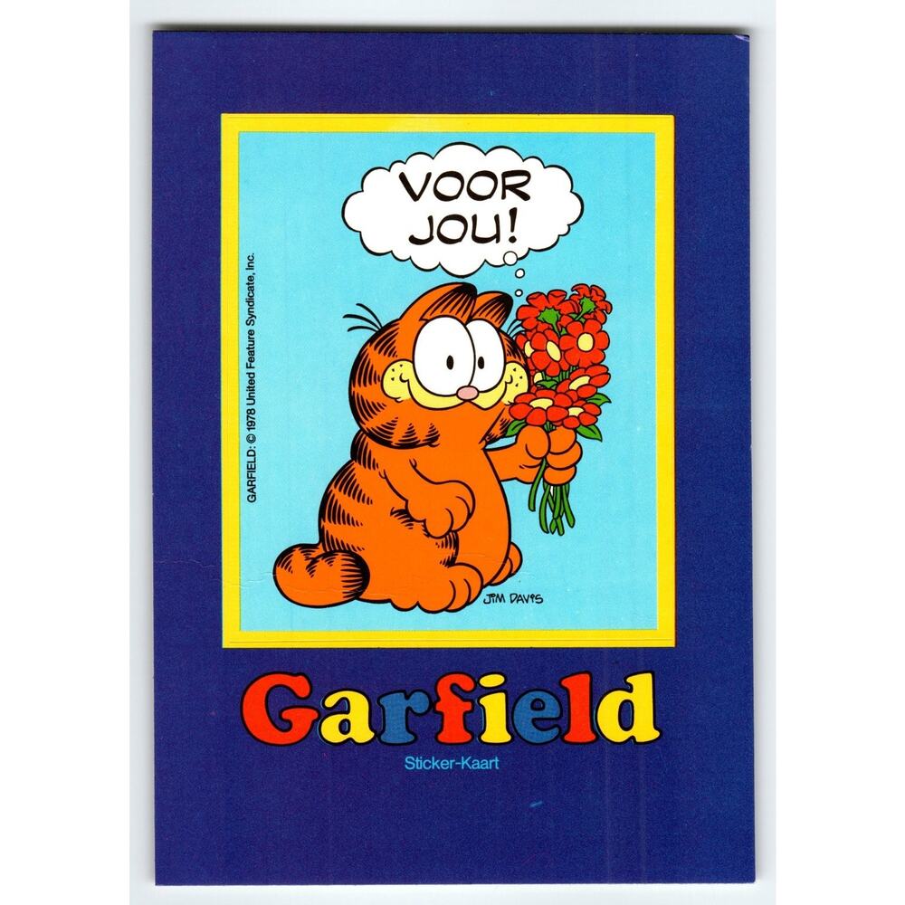 Vintage 1978 Garfield Peel Off Sticker Postcard with Flowers Dutch Text Vintage